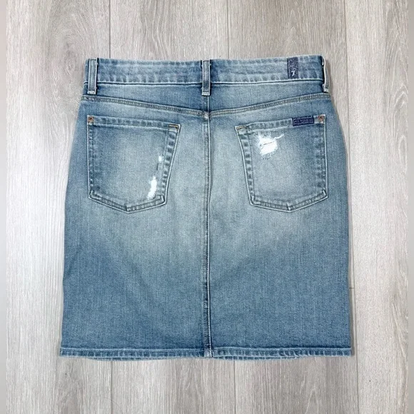 7 For All Mankind Light Blue Distressed Denim Pencil Skirt - Picture 5 of 9